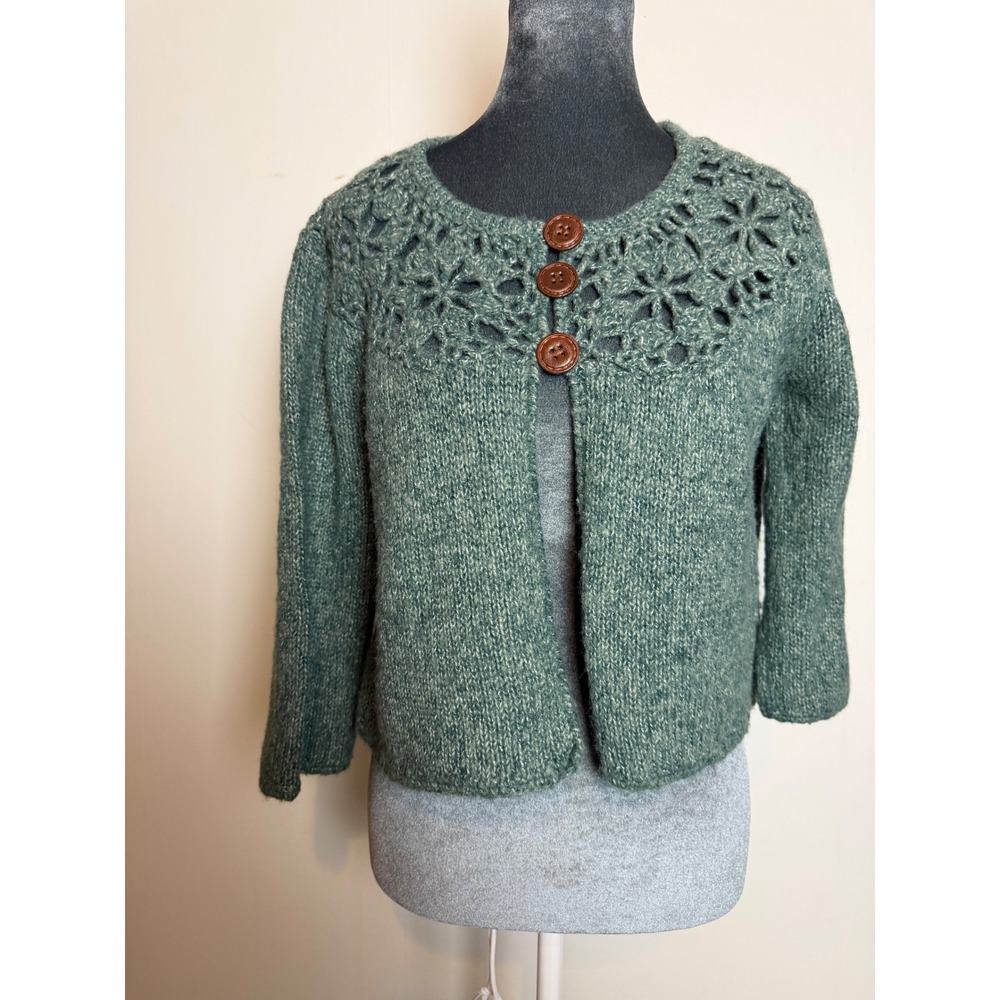 Teal Knit Cardigan Floral Lace Yoke Cropped Sweater crochet Cottagecore twee L